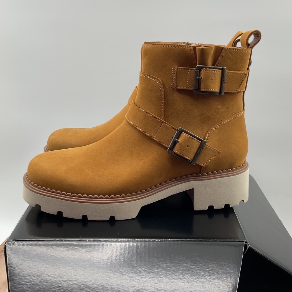 Vionic Folsom Mustard Tan Nubuck Leather Moto Ankle Boots Wide 6.5 W